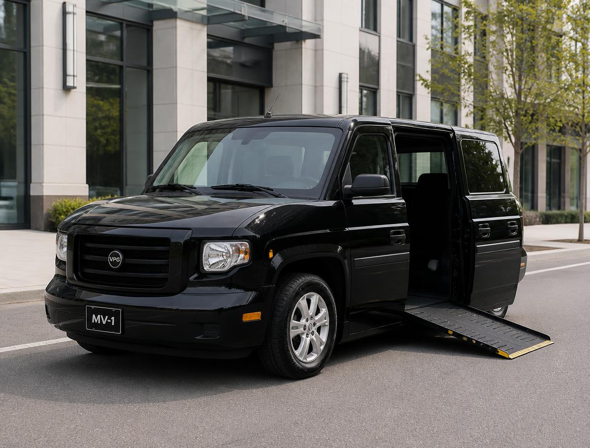 Wheelchair-accessible passenger van with its ramp deployed on a palm-lined street